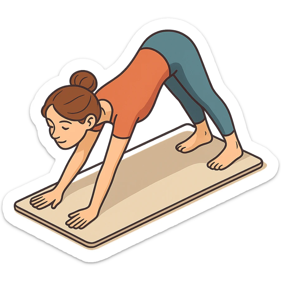 girl in cute yoga outfit performing downward dog pose (Adho Mukha Svanasana), 2D isometric style, very detailed facial features, elongated body, many shadows and highlights, clean contours, soft lighting, transparent background sticker