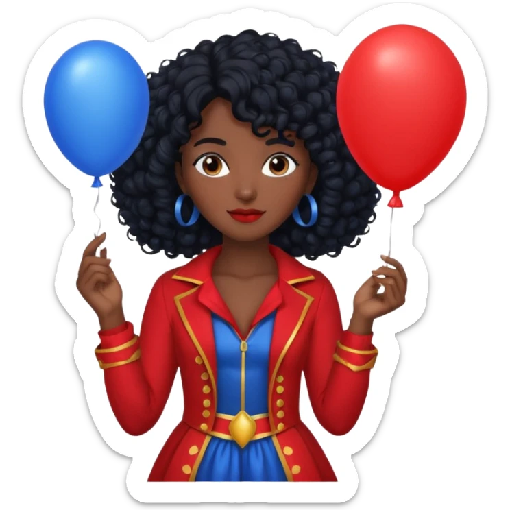 woman with curly black hair and dark face red costume, holding blue balloon sticker