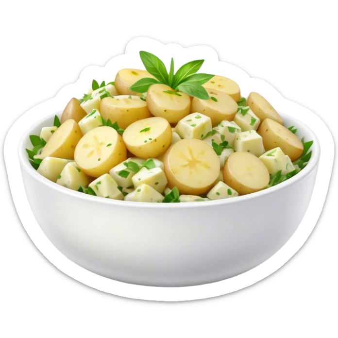 Cinematic Realistic Kartoffelsalat Dish Emoji, showcasing a traditional potato salad with fresh herbs and tangy dressing rendered with lifelike detail and vibrant, natural lighting. sticker