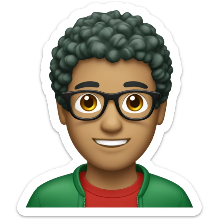 Unisex person ’light skin’ ’short curly dark green hair’ in a ’red Santa hat’ and black tshirt and round glasses  sticker