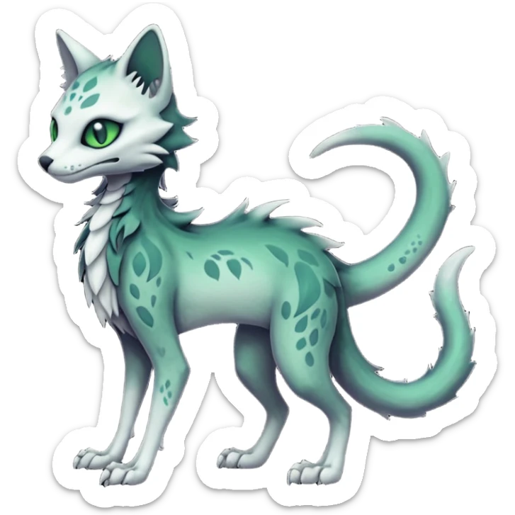 Kawaii spectral spooky dark bleak blackish swampy white-skeletal gloomy ghostly dark greyish dark-deep-greenish foggy eldritch beautiful realistic edgy fantasy ghoul-like stitched feline-vernid-sergal-fursona animal creature with a tufted tail full body with intricate markings  sticker