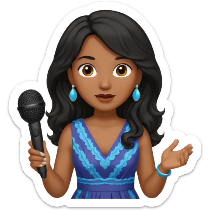 Middle age, long wavy black hair, brown skin, wearing dress, holding mic sticker