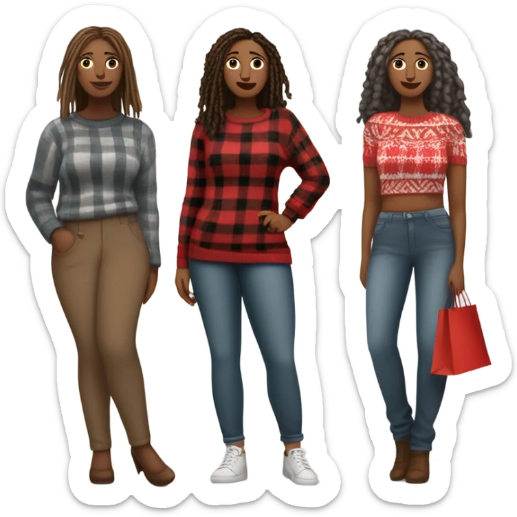 Curvy woman gray locs in pants shopping.  Another curvy woman is brown with red locs in a skirt with plaid sweater shopping sticker