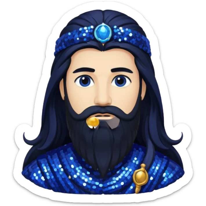 Saturn, God of Time from Gods and Goddesses with long black hair and beard, indigo sequin outfit sticker