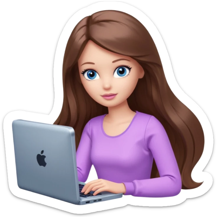 beautiful barbie girl with long brown hair, blue eyes and wearing light purple clothes playing computer games sticker