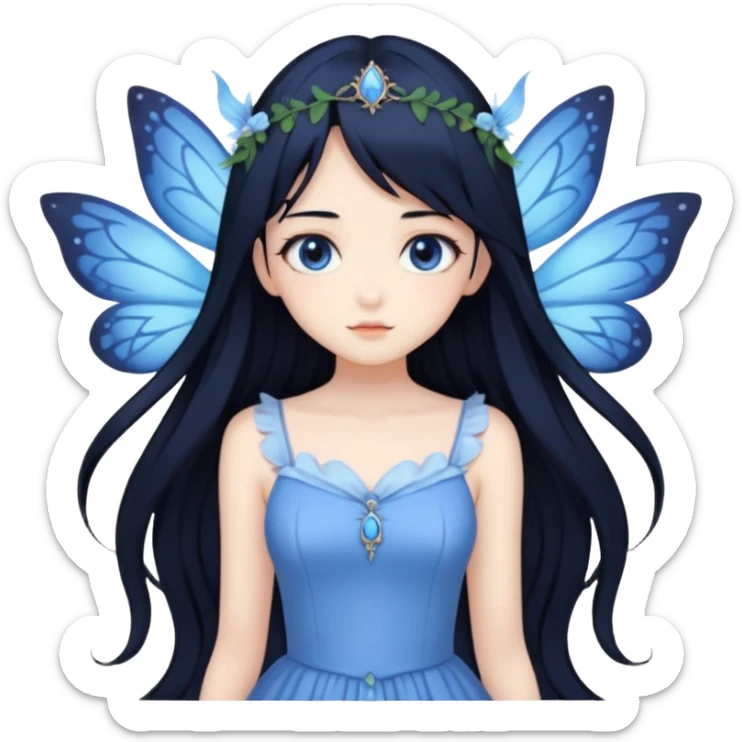 Gothic anime fairy with long beautiful black hair and blue dress, pastelcore, sticker