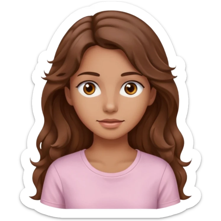 A pretty girl with tan skin and long brown wavy hair, wearing a very light pink basic shirt with brown eyes sticker