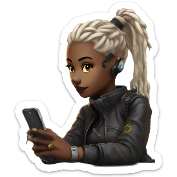 Cyberpunk girl with the phone in coffee shop with iced latte sticker