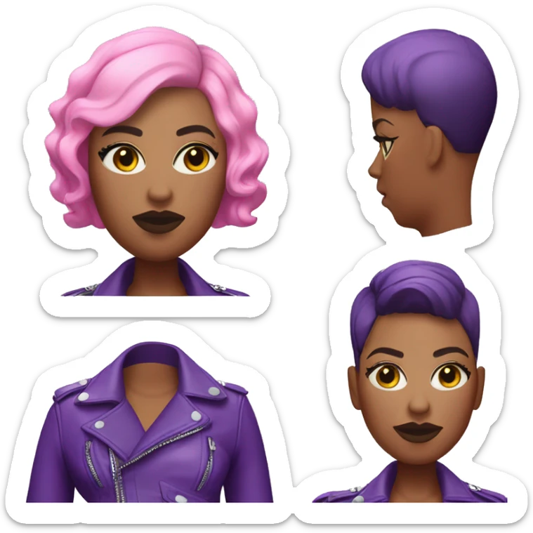 Plus size black woman with short buzz cut pink hair and a purple leather biker jacket with makeup on face. sticker