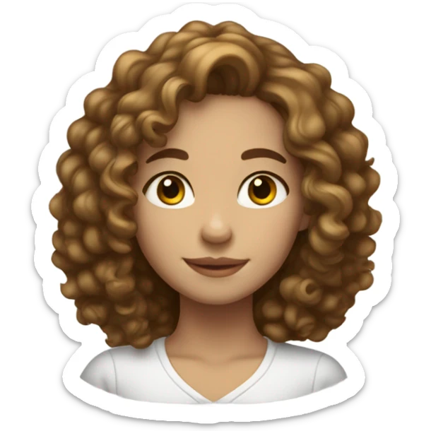 A girl with slightly white skin, has slightly brown eyes, beautiful Kirly hair and dimples, and has good under her mouth sticker