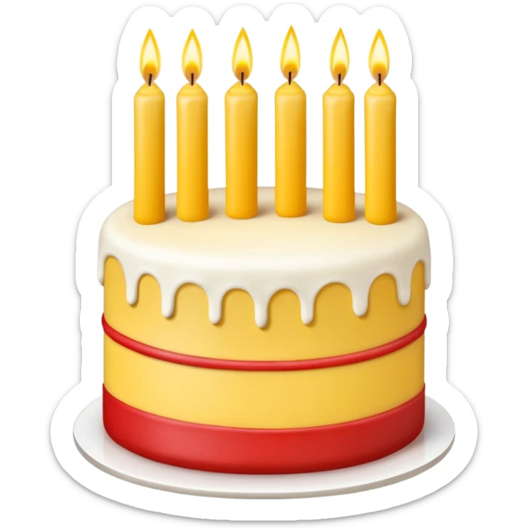 large red and yellow birthday cake with three candles, minimalist, iOS emoji style, no background sticker
