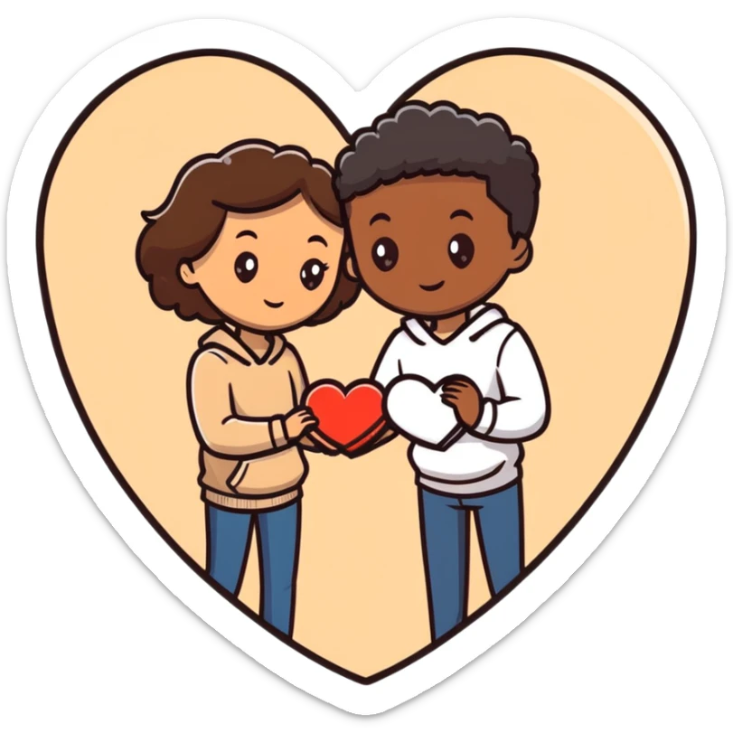 A couple with dark brown hair and mixed skin tone inside a white heart, both wearing beige clothes sticker