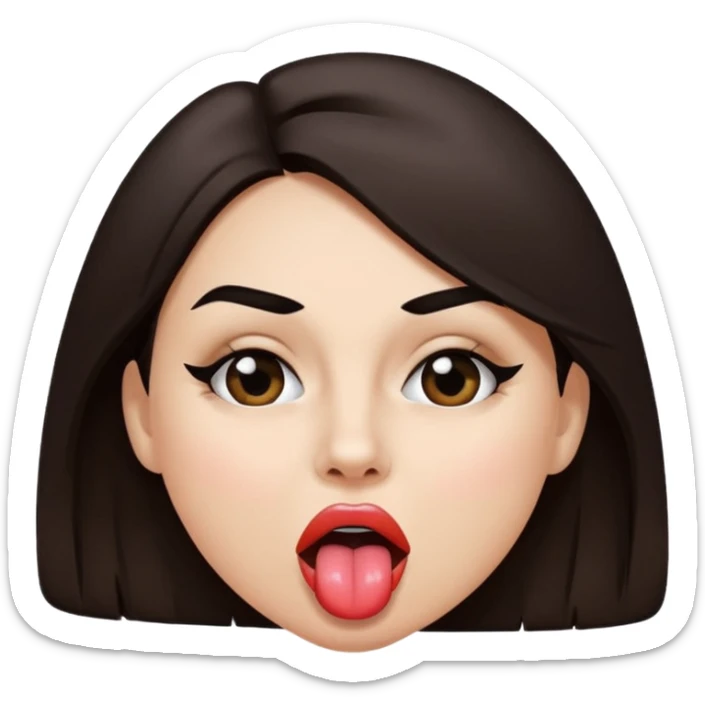 woman with dark brown hair wearing black band over eyes with tongue out sticker