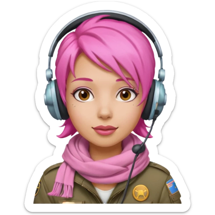Jet Queen Mia – bubble-gum-hair pilot wearing a headset and pink scarf sticker