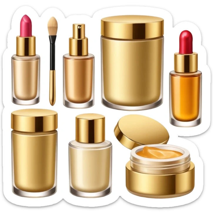 PVarios rodutos de beleza com tampa dos potes dourados e fundo transparente pra usar como figurinha sticker