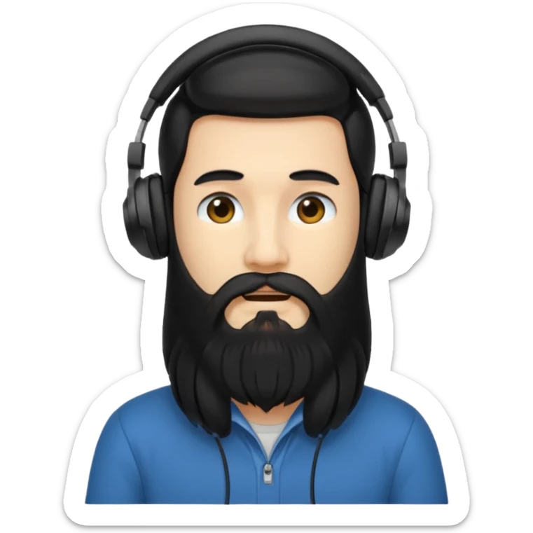 Boy with long black hair and a big beard wearing headphones sticker