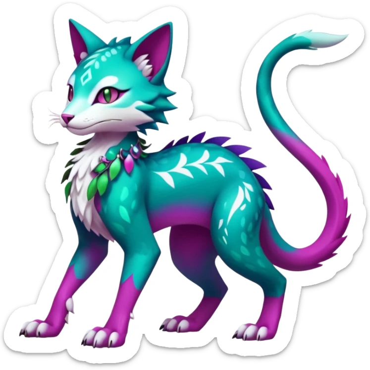 Kawaii cute colorful iridescent deep-dark-turquoise-green and magenta and white beautiful pretty elegant divine edgy feline-vernid-sergal-Fakémon-Pokémon-fursona-animal-creature with accessories, full body, with intricate detailed markings sticker