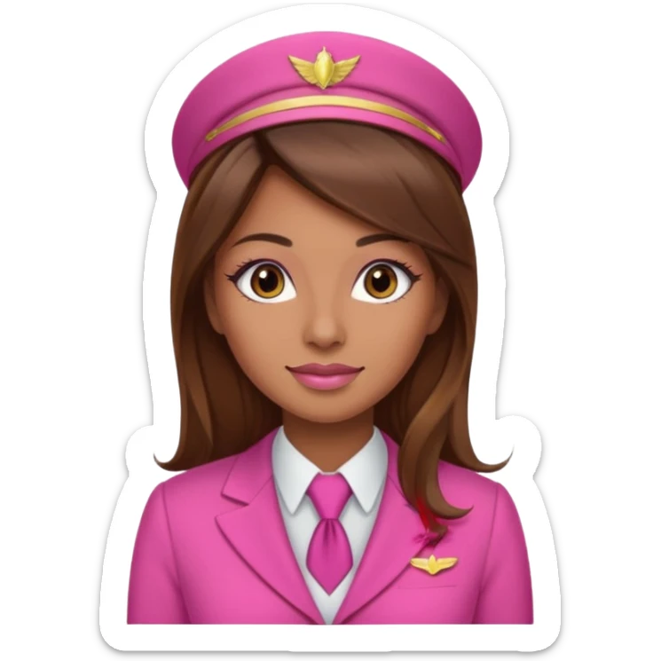 Flight attendant with pink outfit tan skin long brown hair with highlights pretty makeup sticker