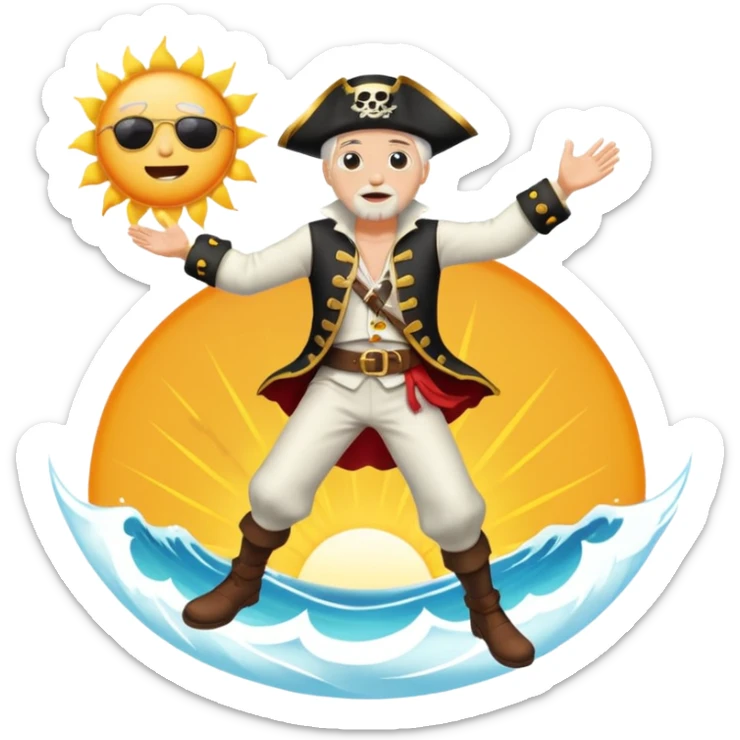 the king of the pirates with white hair and clothes jumping in front of the sun sticker