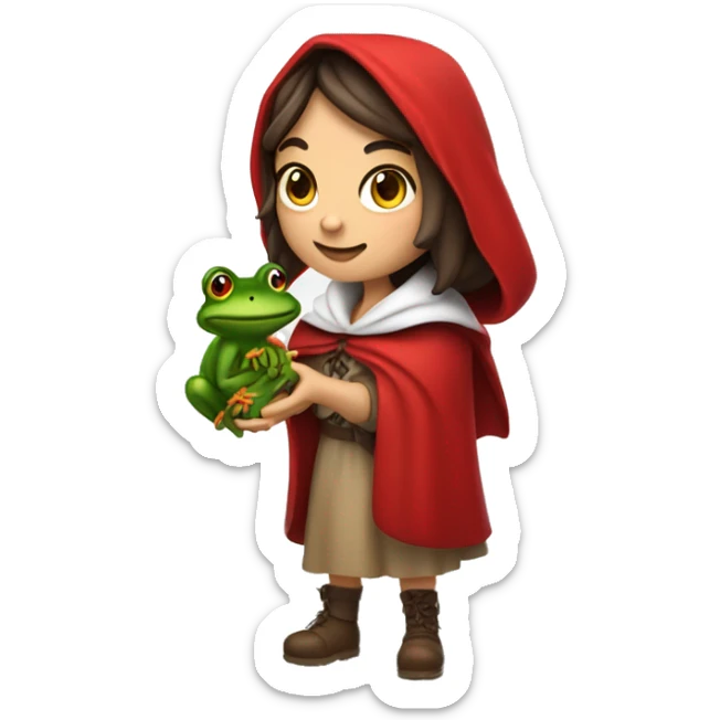 mature little red riding hood brunette with braids and hood on holding a frog in her hands sticker
