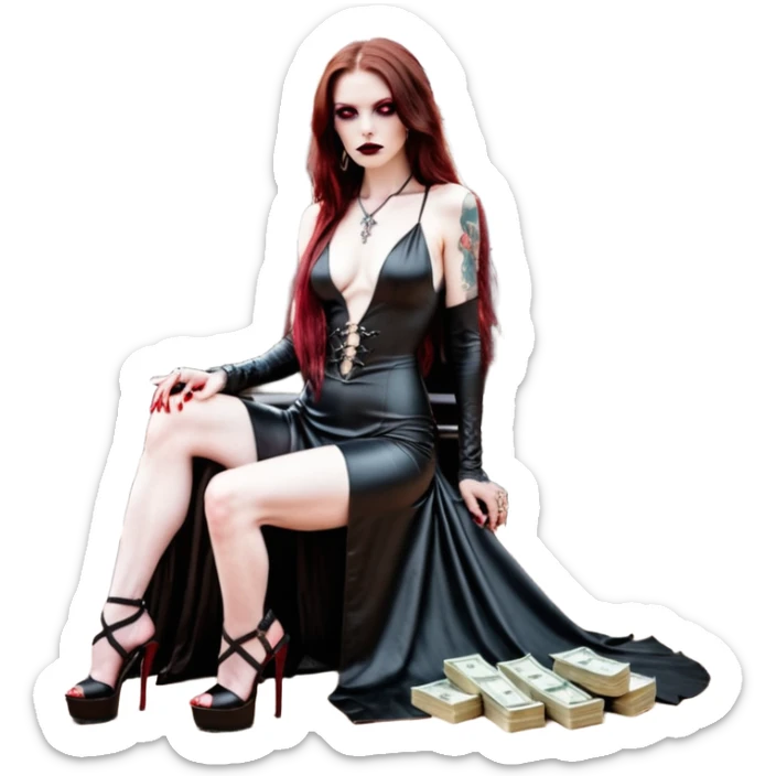 Lilith symbol red eye seductress evil long brown haired sexy succubus woman with leather long dress with slit, sitting in Big Large F350 pickup truck. Black Platform high heels on feet. Tattoo sleeve arms, seat full of stacks of cash, and a man dead human skull of her enemies and a gun in other hand sticker