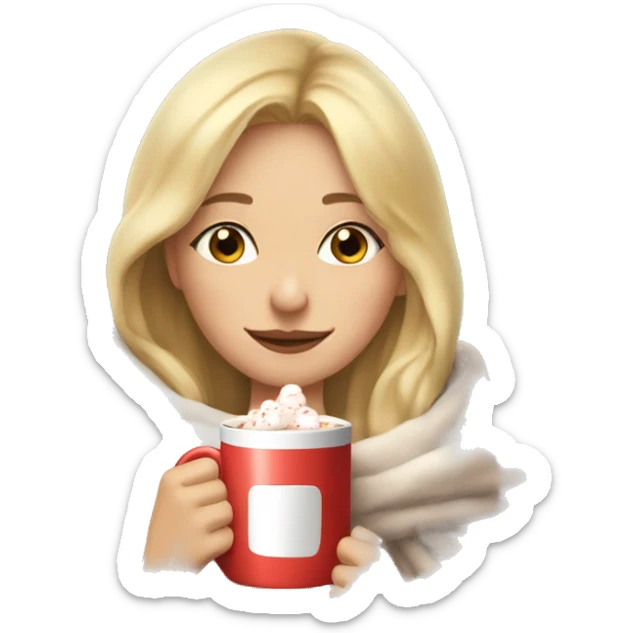 pretty blonde girl with eyes closed wrapped in big blanket drinking hot chocolate with marshmallows sticker
