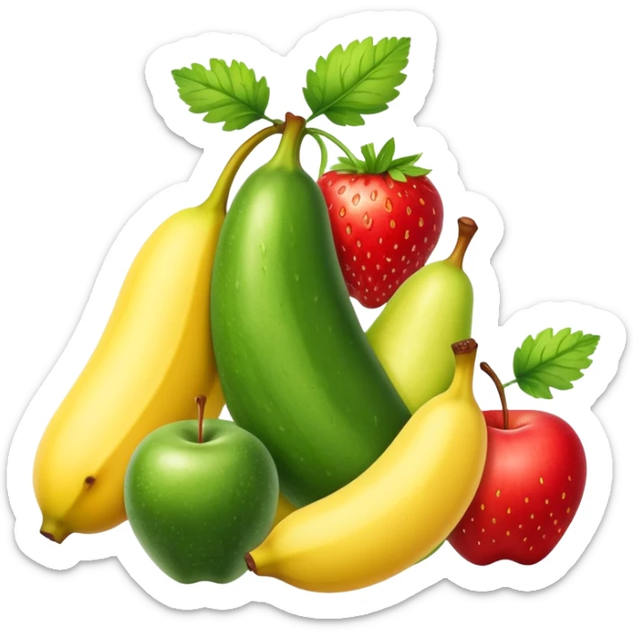 Group of fruits: banana, pear, cucumber, strawberry, red apple and parsley. Apple emojis style, they must be stacked on top of each other. sticker