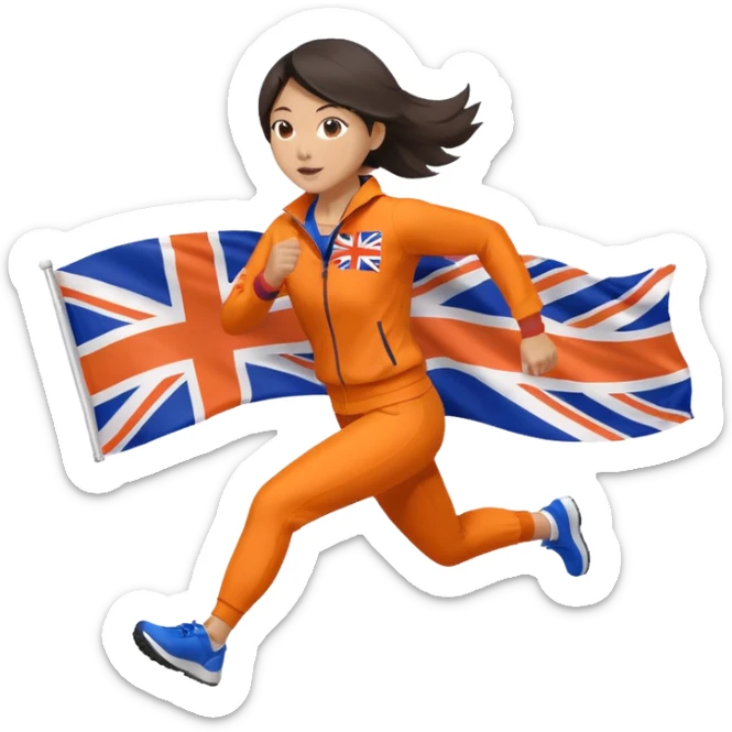 asian woman in orange sport suit and uk flag on the back holding it, running sticker
