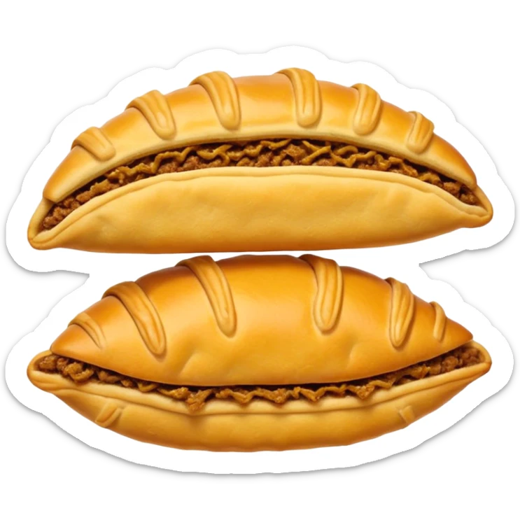 Jamaican patty, golden flaky pastry with crimped edge, slightly open to reveal spicy beef filling, emoji style sticker