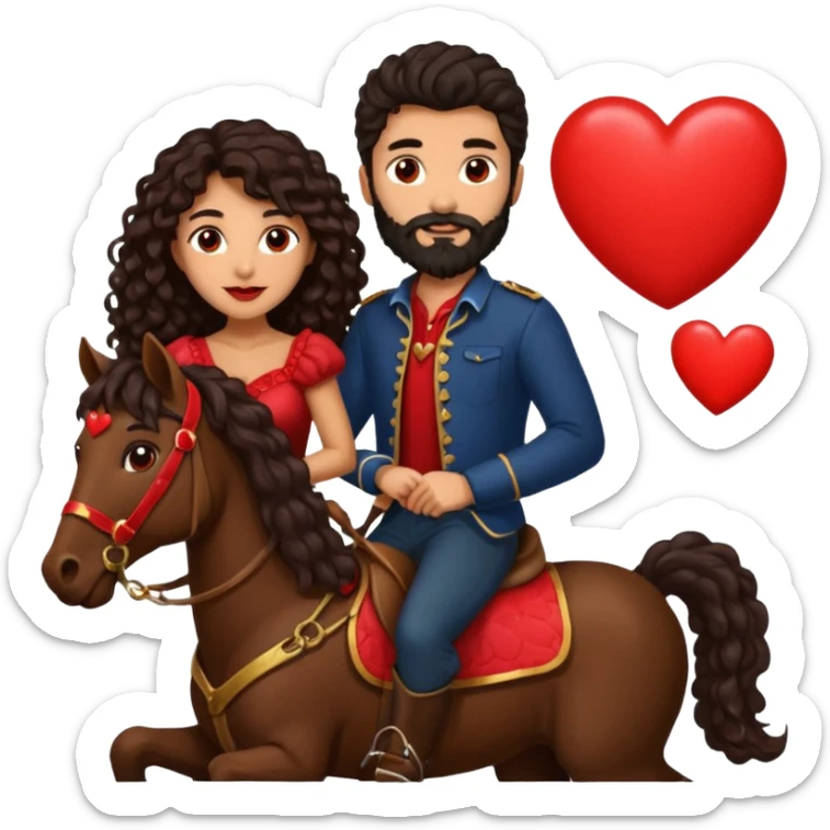 pareja de Mujer morena rizada cabello largo castaño ojos oscuros y hombre piel blanca con caballo oscuro con barba y ojos marron alrededor de la pareja corazones sticker