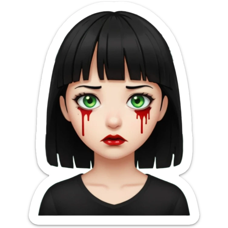 Guria com cabelo preto franjinha sangrando olhos verdes  fundo preto e um piercing bridgepiercing sticker