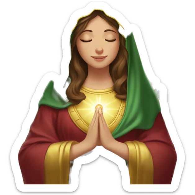Virgin Mary: kind face looking down at the left, long brown hair, Wearing an emerald green  robe with gold stars and a burgundy red dress,  Hands in prayer or blessing. Halo around her head. standing in front of a big sun. colorful roses on the sides  sticker