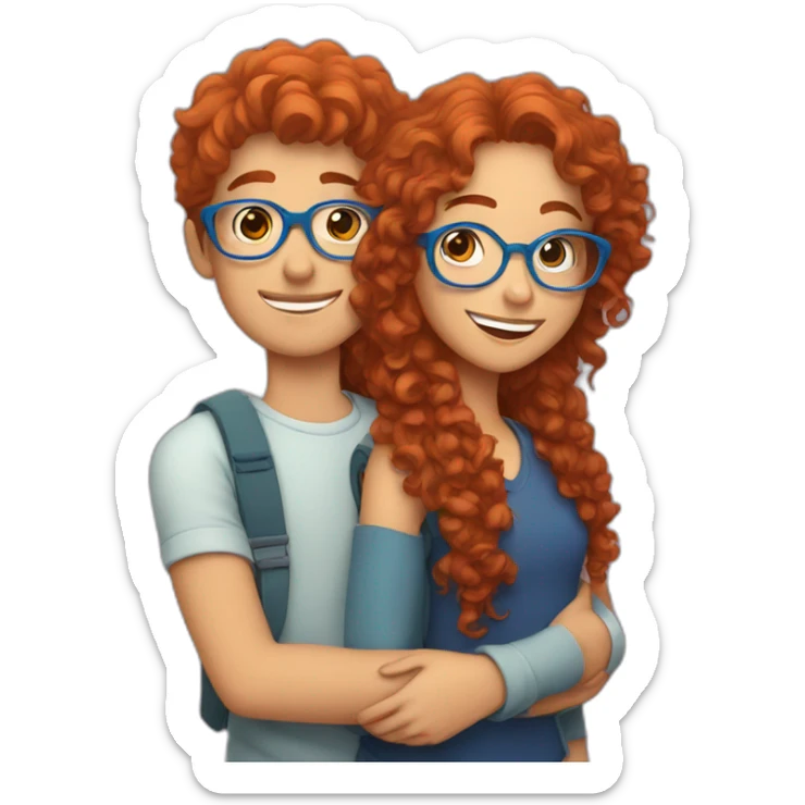 girl with curly red hair and blue glasses hugging a boy with brown hair sticker