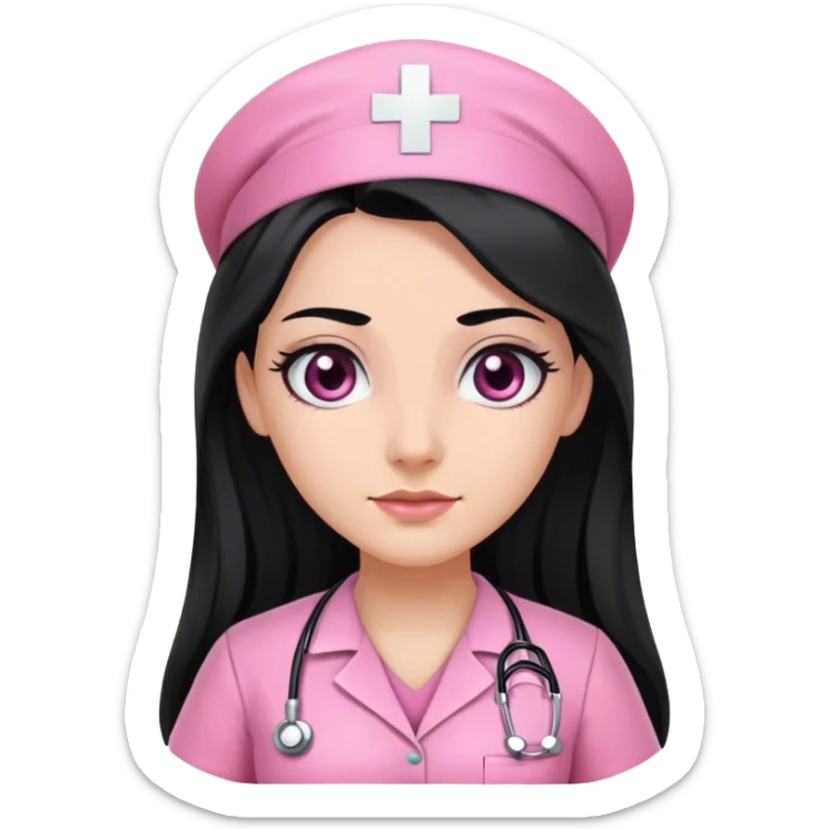 nurse dress pink with black long hair dark black eye color sticker