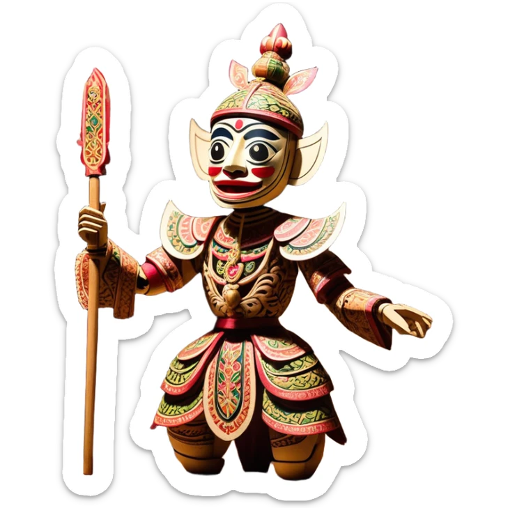 Golek Ayun-ayun – Cinematic Realistic Wayang Golek Ayun-ayun, depicted as an intricately carved traditional wooden puppet with vibrant painted details and expressive features, set on a dimly lit stage with dramatic shadows that evoke centuries of Indonesian theatrical heritage, rendered with lifelike textures and subtle ambient glow. sticker