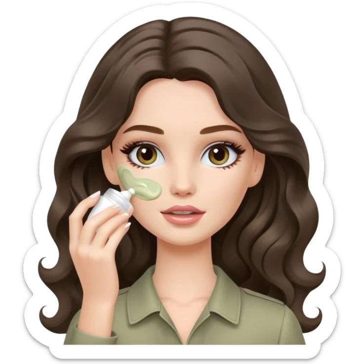 A white Barbie girl with long dark brown wavy hair in pale olive clothes smears by hand cosmetic cream on her face sticker