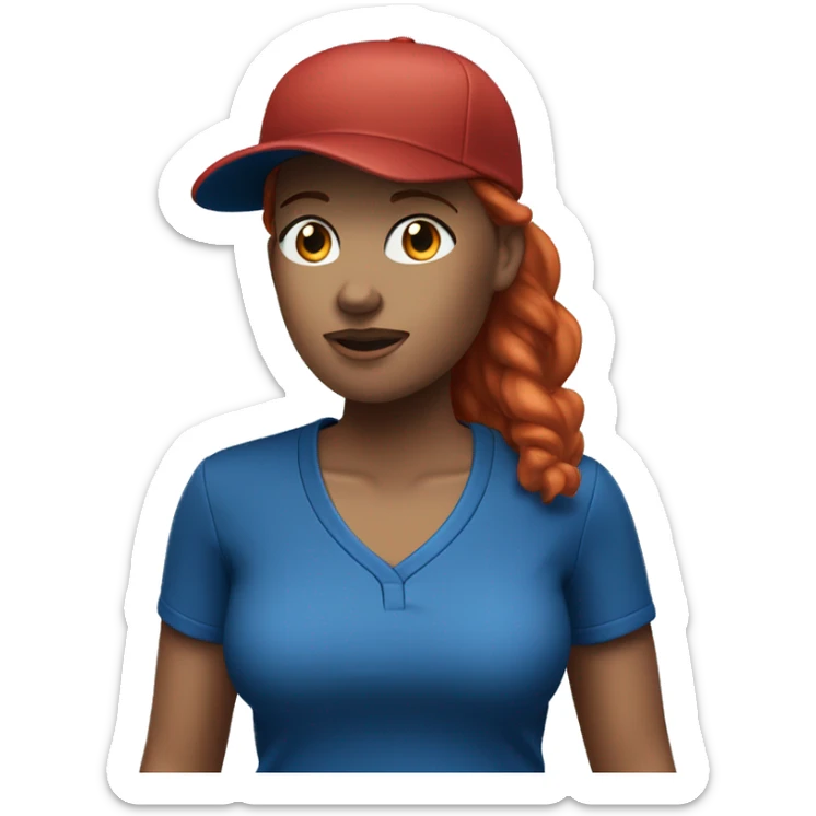 female coach standing up with red hair in blue shirt and with a blue baseball hat sticker