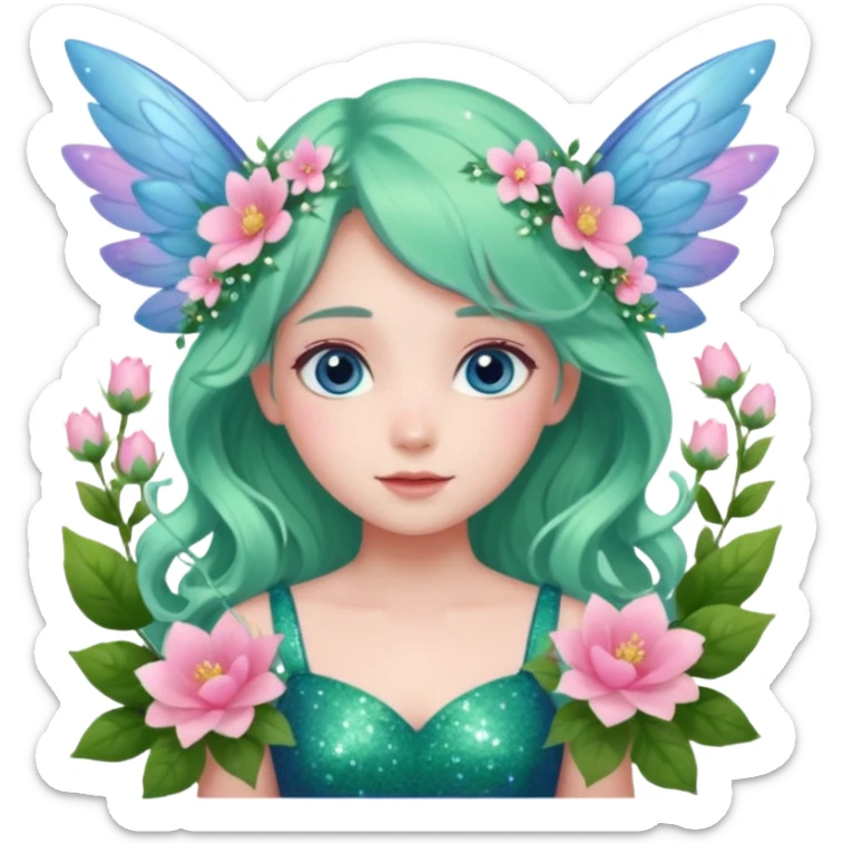 Una ragazza datata, occhi azzurri rosati dolci e aperti, vestito verde come la natura co  altri elementi e fiori rosa, deve avere le ali azzurrine,decorati con fiori e con glitter. O capelli di colore rosa chiaro con in acconciature tipica delle fate, capelli mossi e lunghi sticker