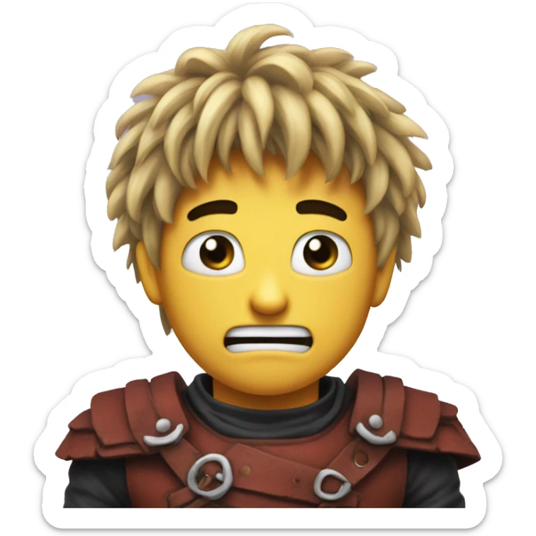 the relieved emoji but with the hair of guts from berserk (twitter version emoji) sticker
