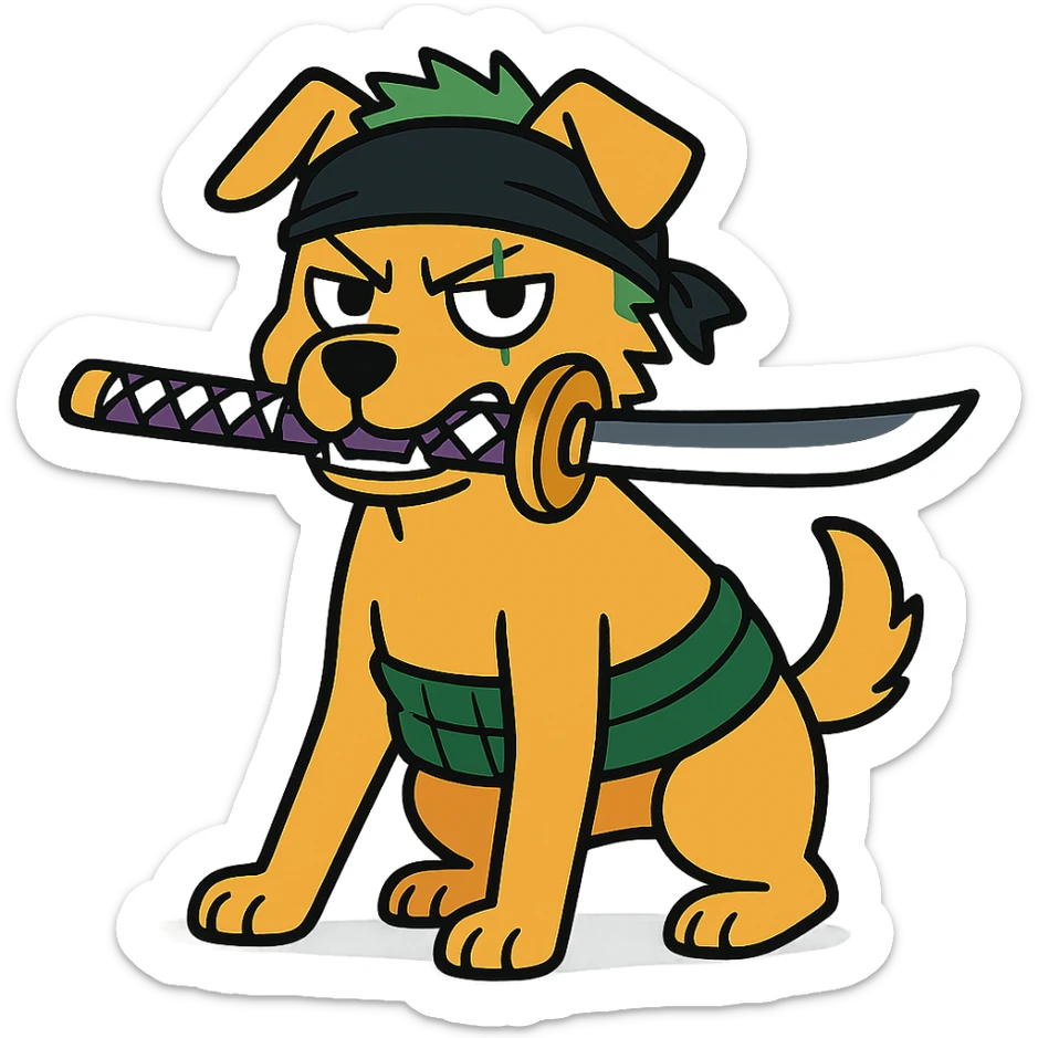 dog as Zoro from One Piece, holding a sword in mouth, green haramaki, anime style sticker