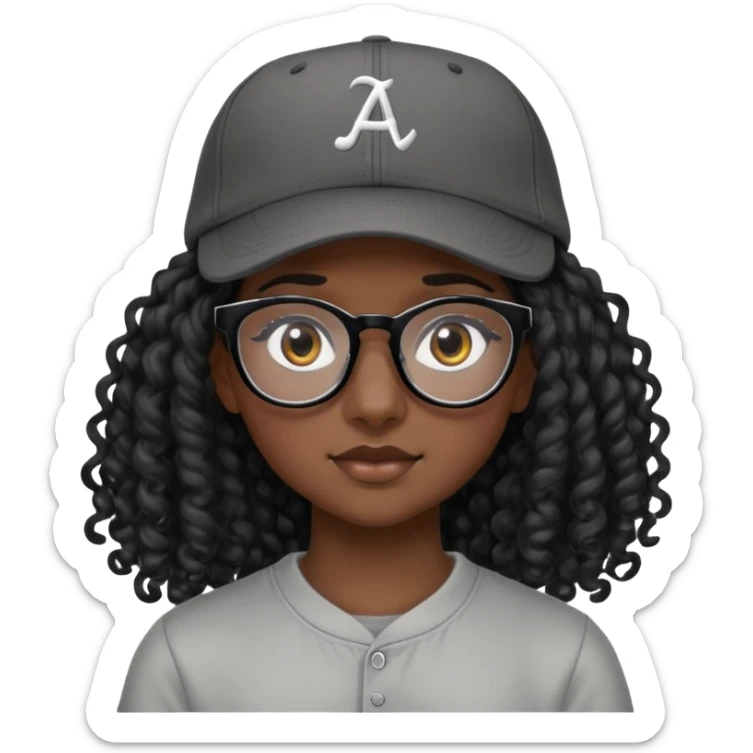 Nữ 15 tuổi, da đen, đeo kính gọng màu đen, tóc dài( màu đen, xoăn), mũ lưỡi trai đội ngược ra đăng sau, áo màu ghi sticker