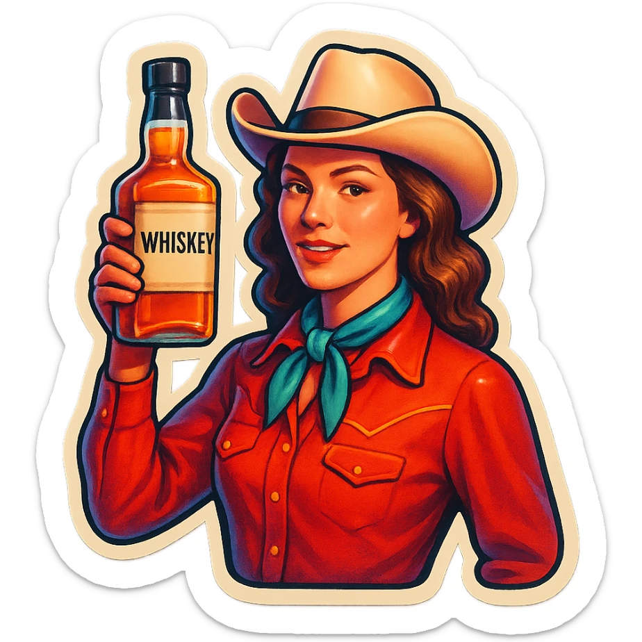 A sticker of a female cowboy with a bottle of whiskey sticker