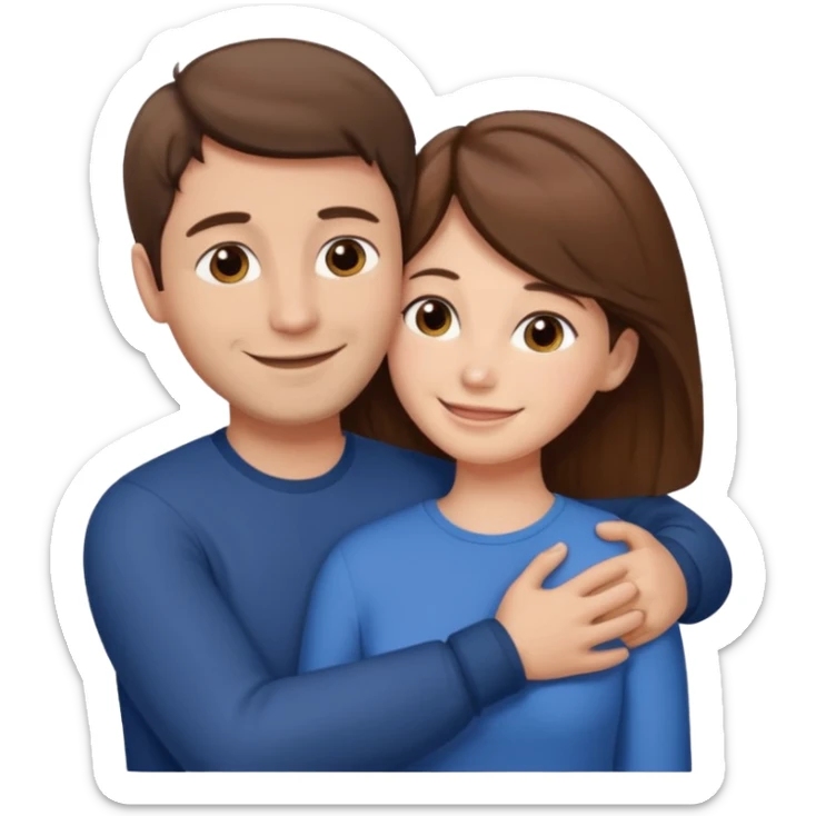 "Man with short brown hair that doesn’t reach the nape and fair skin, hugging a woman with long brown hair and fair skin, both smiling."
 sticker