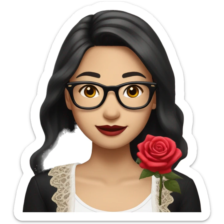 Asian girl, smiling with teeth, fair skin, black long hair, black eyes, black glasses with gold frames, red lipstick, wearing a white lace tank top and a black office jacket on top, with pink and red roses around her. sticker