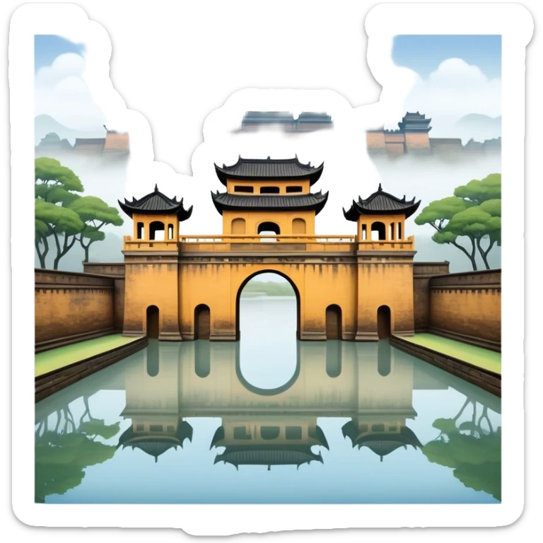 Cinematic Realistic Imperial City of Hue Landmark Emoji, capturing the ancient citadel’s weathered walls, intricate gates, and traditional Vietnamese architecture, surrounded by a misty, tranquil moat. sticker