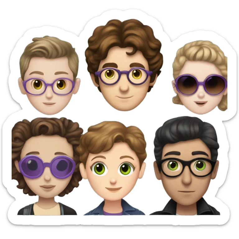 Young John Lennon in love with young girl with curly short brown hair, green eyes, and purple glasses and young Paul McCartney in love with young greaser girl with brown hair and brown eyes and pale skin sticker