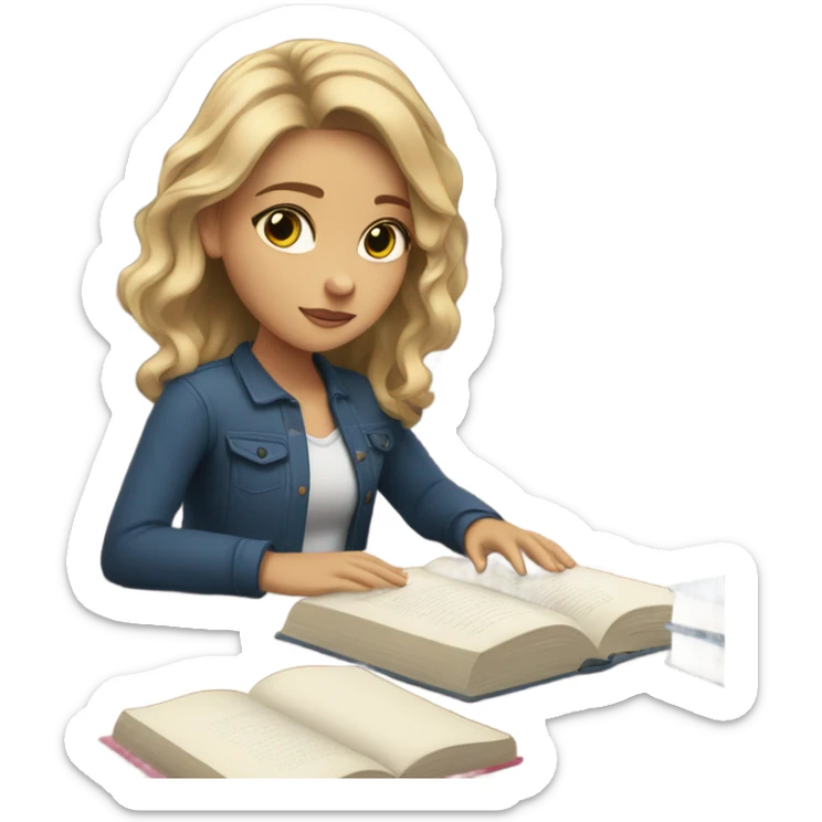 Girl with light skin, blue eyes and dark blonde hair studying  sticker