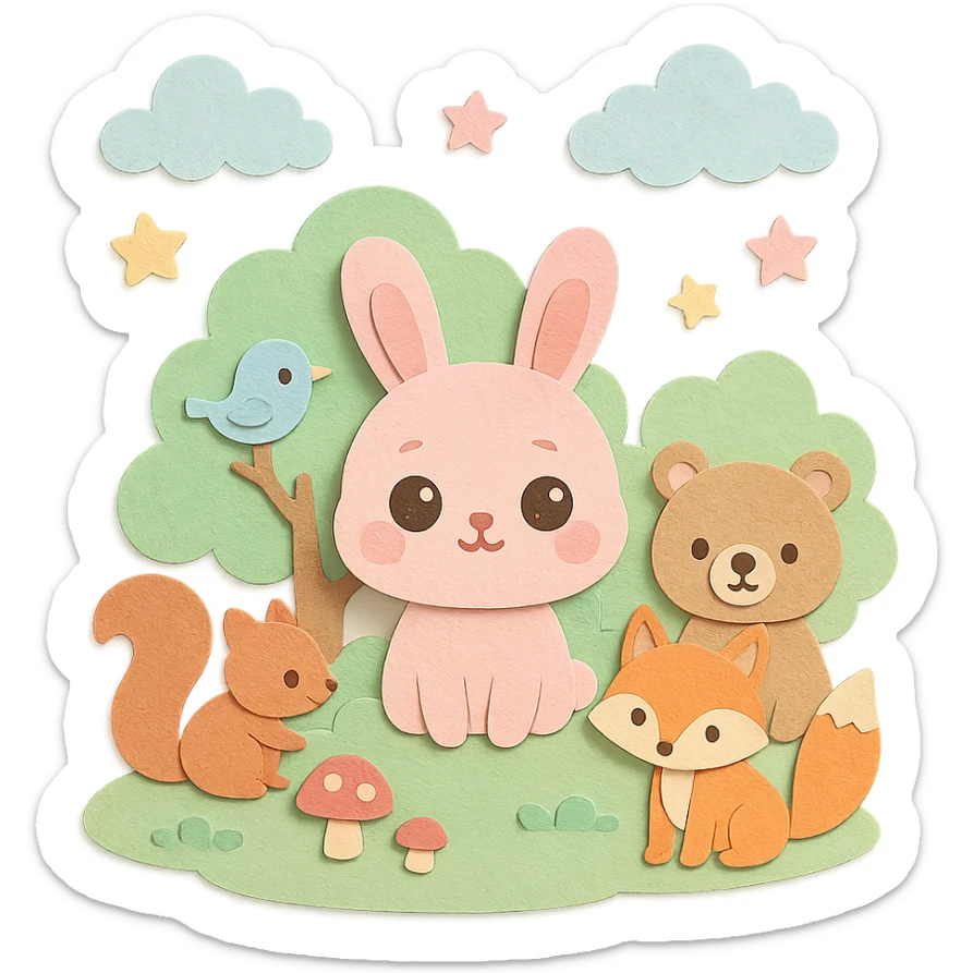 hand-crafted paper craft style kawaii mori forest with fluffy pastel bunny with round baby face, big sparkling eyes, pink blush, with squirrel, bear, fox, and bird, soft pastel green forest, dreamy clouds, pastel stars, mushrooms, soft pastel tones, high resolution sticker