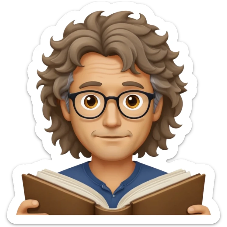man in his forties with messy wavy hair, no glasses, holding open book sticker