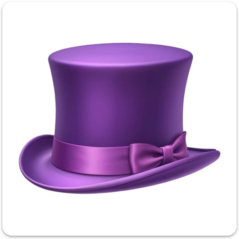 3D emoji of a vintage purple top hat, tall and smooth, with a shiny satin ribbon, wide brim, whimsical and elegant, inspired by Willy Wonka, Apple-style cartoon, soft shadows, white background. sticker